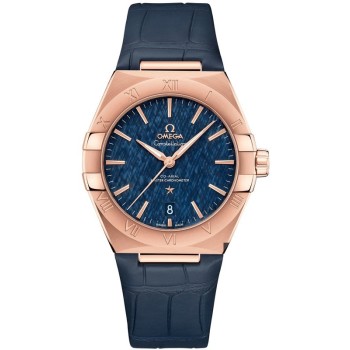Cópia Omega Constellation Co-Axial Master Chronometer Blue Dial Sedna – Relógio masculino com pulseira de couro azul dourado 131.53.39.20.03.001