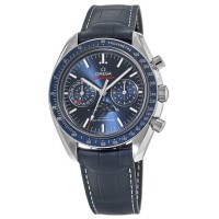 Falso Omega Speedmaster Moonphase Co-Axial Master Chronometer Chronograph Mostrador Azul Pulseira de Couro Relógio Masculino 304.33.44.52.03.001