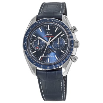 Falso Omega Speedmaster Moonphase Co-Axial Master Chronometer Chronograph Mostrador Azul Pulseira de Couro Relógio Masculino 304.33.44.52.03.001
