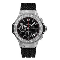 Relógio masculino Hublot Big Bang falso 41 mm mostrador preto diamante pulseira de borracha preta 341.SX.130.RX.174