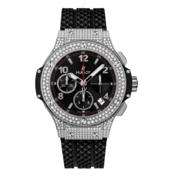 Relógio masculino Hublot Big Bang falso 41 mm mostrador preto diamante pulseira de borracha preta 341.SX.130.RX.174
