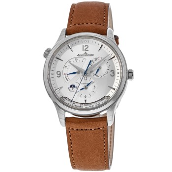 Cópia Jaeger LeCoultre Master Control Geográfica Prata Cronógrafo Mostrador Pulseira de Couro Relógio Masculino 4128420