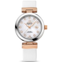 Relógio feminino falso Omega De Ville Ladymatic madrepérola com mostrador de diamante e pulseira de couro 425.22.34.20.55.001