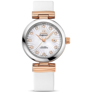 Relógio feminino falso Omega De Ville Ladymatic madrepérola com mostrador de diamante e pulseira de couro 425.22.34.20.55.001