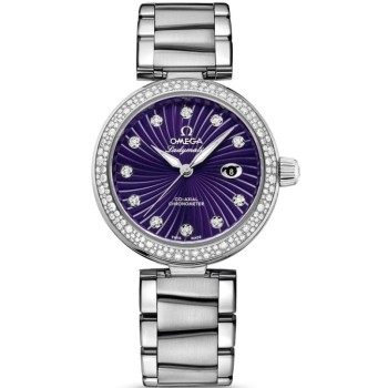Copiar relógio feminino Omega De Ville Ladymatic com mostrador roxo e diamante em aço 425.35.34.20.60.001