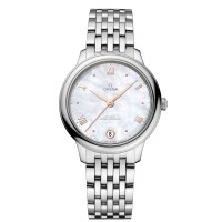 Falso Omega De Ville Prestige Co-Axial Master Chronometer 34mm Relógio feminino de aço com mostrador madrepérola 434.10.34.20.05.001