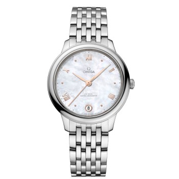 Falso Omega De Ville Prestige Co-Axial Master Chronometer 34mm Relógio feminino de aço com mostrador madrepérola 434.10.34.20.05.001