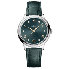 Cópia Omega De Ville Prestige Co-Axial Master Chronometer 34mm Mostrador de Diamante Verde Pulseira de Couro Relógio Feminino 434.13.34.20.60.001