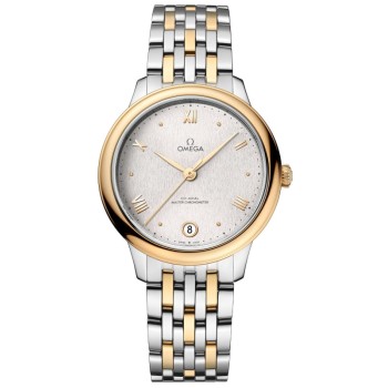 Falso Omega De Ville Prestige Co-Axial Master Chronometer 34 mm Silver Dial Relógio feminino em ouro amarelo e aço 434.20.34.20.02.002