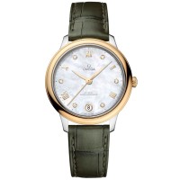Relógio feminino falso Omega De Ville Prestige Co-Axial Master Chronometer 34 mm madrepérola diamante mostrador pulseira de couro 434.23.34.20.55.002