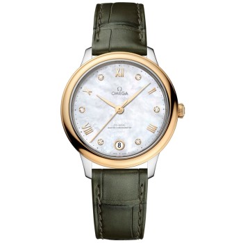 Relógio feminino falso Omega De Ville Prestige Co-Axial Master Chronometer 34 mm madrepérola diamante mostrador pulseira de couro 434.23.34.20.55.002