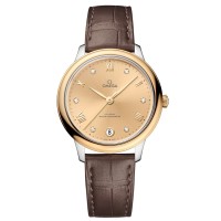 Falso Omega De Ville Prestige Co-Axial Master Chronometer 34mm Ouro Diamante Mostrador Pulseira de Couro Relógio Feminino 434.23.34.20.58.001