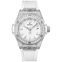 Relógio feminino Hublot Big Bang falso com mostrador branco com pulseira de borracha de diamante com um clique 485.SE.2010.RW.1604