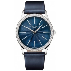 Réplica Patek Philippe Calatrava Relógio Feminino com Mostrador Azul e Pulseira de Couro Diamante 4997/200G-001