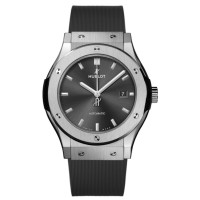 Copiar relógio masculino Hublot Classic Fusion automático com mostrador cinza e pulseira de borracha 542.NX.7071.RX