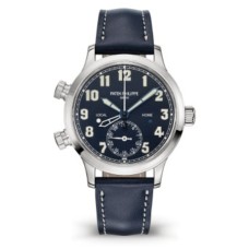 Réplica Patek Philippe Calatrava Pilot Travel Time Mostrador Azul Pulseira de Couro Relógio Unissex 7234G-001