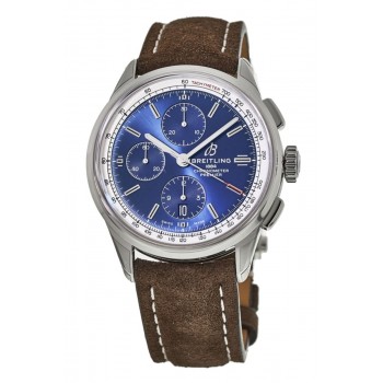 Cópia Breitling Premier Chronograph 42 mostrador azul pulseira de couro marrom relógio masculino A13315351C1X1