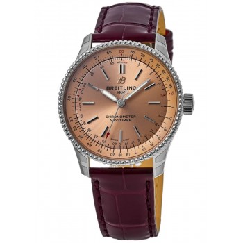 Breitling Navitimer falso automático 35 mostrador de cobre pulseira de couro borgonha relógio feminino A17395201K1P3