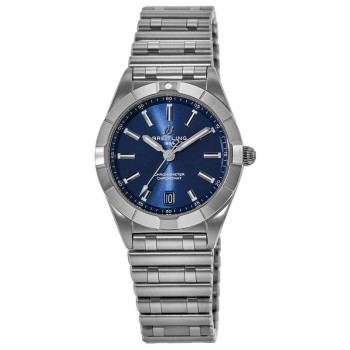 Relógio feminino falso Breitling Chronomat Quartz 32 com mostrador azul em aço inoxidável A77310101C1A1
