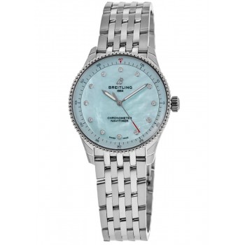 Réplica Breitling Navitimer 32 Azul Mãe de Pérola Diamante Mostrador Relógio Feminino de Aço A77320171C1A1