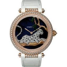 Cópia Cartier Panthere ouro rosa diamante pulseira de couro relógio feminino HPI00712
