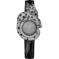 Relógio feminino falso Cartier Joaillere Panthere em ouro branco e diamante com pulseira de couro HPI00773