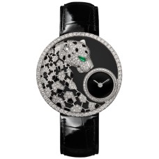 Cópia Cartier Joaillere Panthere mostrador preto com pulseira de couro de diamante relógio feminino HPI01294