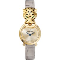 Réplica Cartier Panthere Allongee pequeno mostrador dourado com pulseira de couro em ouro amarelo relógio feminino HPI01297