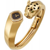 Réplica Cartier Panthere de Cartier pequeno mostrador preto pulseira de diamante em ouro amarelo 18K relógio feminino HPI01342