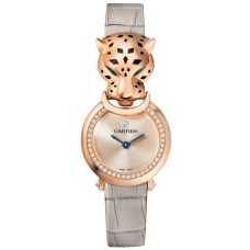 Relógio feminino falso Cartier Panthere Allongee pequeno mostrador rosa com pulseira de couro em ouro rosa HPI01379