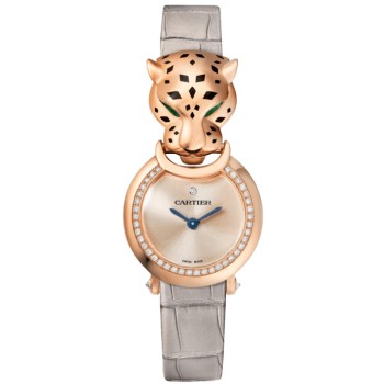 Relógio feminino falso Cartier Panthere Allongee pequeno mostrador rosa com pulseira de couro em ouro rosa HPI01379