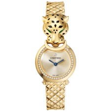 Relógio feminino falso Cartier Panthere Allongee com mostrador pequeno em ouro e diamante em ouro amarelo HPI01380