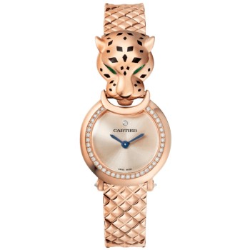 Cópia Cartier Panthere Allongee pequeno mostrador rosa diamante relógio feminino em ouro rosa HPI01381