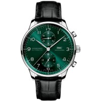 Replica Relógio IWC Portugieser cronógrafo automático com mostrador verde pulseira de couro IW371615