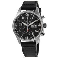 Relógio masculino com pulseira de couro com mostrador preto e cronógrafo falso do piloto IWC IW378001