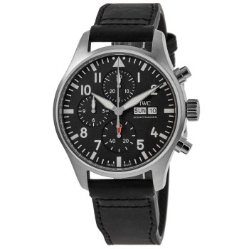 Relógio masculino com pulseira de couro com mostrador preto e cronógrafo falso do piloto IWC IW378001