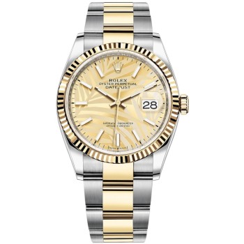 Rolex Datejust 36 falso em aço e amp; Relógio feminino com mostrador em ouro amarelo com motivo de palma dourada M126233-0038 Rolex Datejust 36 falso em aço e amp; Relógio feminino com mostrador em ouro amarelo com motivo de palma dourada M126233-0038