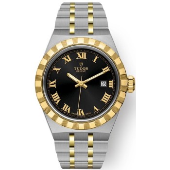Relógio unissex falso Tudor Royal com mostrador preto em aço inoxidável e ouro amarelo M28303-0003