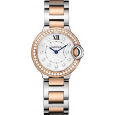 Cópia Cartier Ballon Bleu de Cartier Relógio feminino com mostrador prateado e diamante em aço inoxidável e ouro rosa W3BB0025
