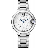 Relógio feminino falso Cartier Ballon Bleu 33 mm prata diamante mostrador em aço W4BB0021