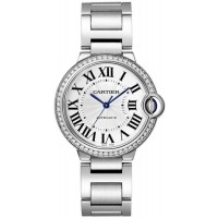 Relógio feminino Cartier Ballon Bleu falso 36 mm com mostrador prateado e diamante em aço W4BB0024