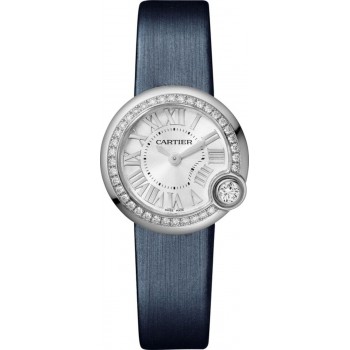 Réplica Cartier Ballon Blanc mostrador prateado com pulseira de couro e diamante relógio feminino W4BL0002
