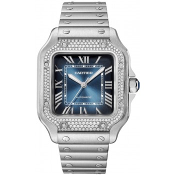 Relógio feminino falso Cartier Santos De Cartier com mostrador azul e diamante em aço W4SA0006