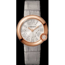 Relógio feminino falso Cartier Ballon Blanc com mostrador prateado e pulseira de couro WGBL0005