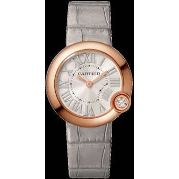 Relógio feminino falso Cartier Ballon Blanc com mostrador prateado e pulseira de couro WGBL0005