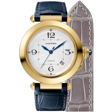 Relógio feminino falso Cartier Panthere de Cartier com mostrador prateado e pulseira de couro em ouro amarelo WGPA0007