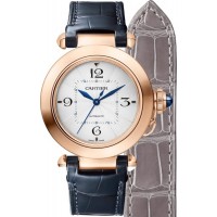 Relógio feminino falso Cartier Pasha com mostrador prateado e pulseira de couro WGPA0014