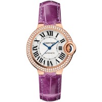 Relógio feminino falso Cartier Ballon Bleu de Cartier prata mostrador 18kt ouro rosa diamante pulseira de couro WJBB0051