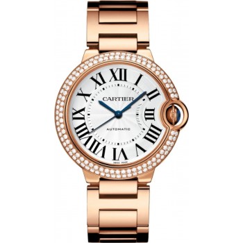 Relógio feminino Cartier Ballon Bleu de Cartier falso com mostrador prateado e diamante em ouro rosa 18kt WJBB0067