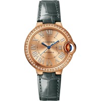 Relógio feminino falso Cartier Ballon Bleu de Cartier ouro rosa diamante pulseira de couro WJBB0076
